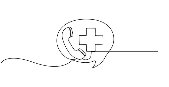 Animated self drawing of  Telephone handset and medical cross in one continuous line drawing, continuous one line art drawing of outline vector illustration design,	
