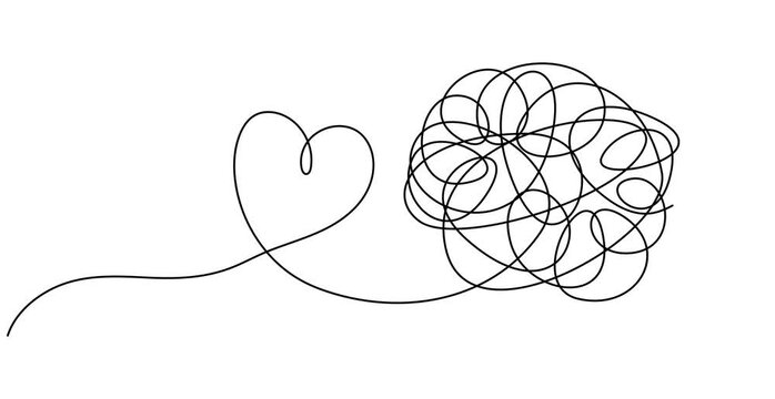 Animated self drawing of  Valentine's Day Heart Doodle Single Continuous Thin Line Drawing Border, Chaotically tangled line and tangled heart. Psychotherapy for couple concept of solving problems is 