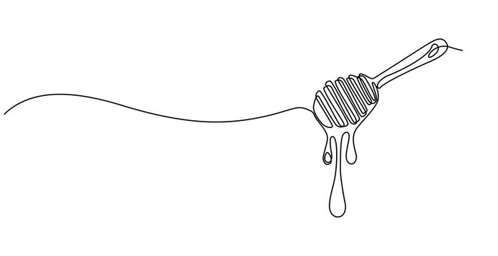 Animated self drawing of  A continuous line drawing of a honey jar with a dipper, Vector continuous one single line drawing of honey dipper in silhouette on white background. Linear stylized, Honey