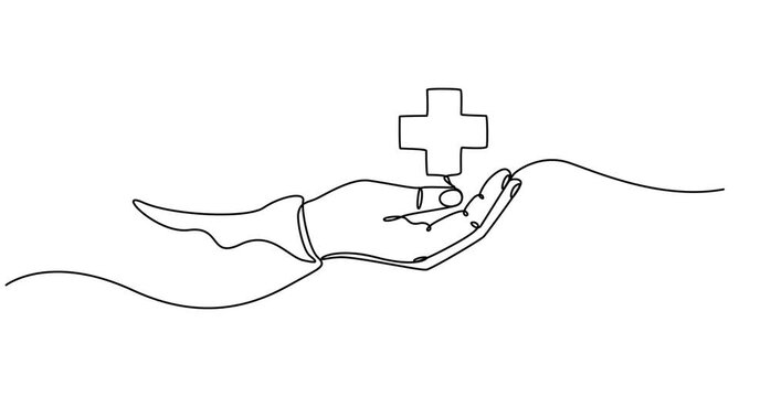 Animated self drawing of  Hand holding medical cross symbol in one continuous line drawing , Continuous line drawing of palm hand holding medical cross and heart love. Vector illustration, continuous 
