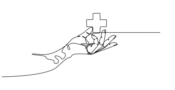 Animated self drawing of  Hand holding medical cross symbol in one continuous line drawing , Continuous line drawing of palm hand holding medical cross and heart love. Vector illustration, continuous 