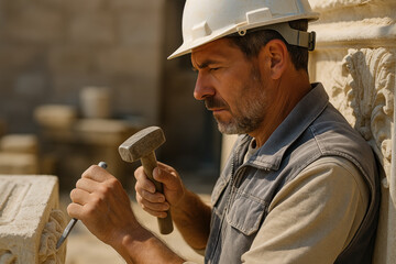 Focused stone mason carving ornate architectural detail with hammer and chisel at restoration worksite