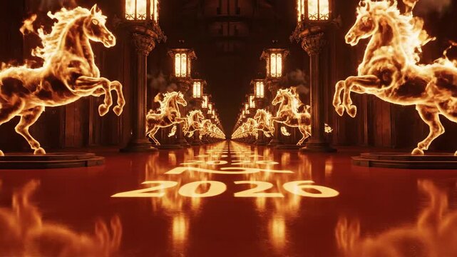 Celebrating Lunar New Year 2026 Horse Shio with Vibrant Golden Horse Statues in a Grand Hall