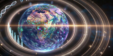 Vibrant Earth surrounded by DNA strands and digital data streams in cosmic space.