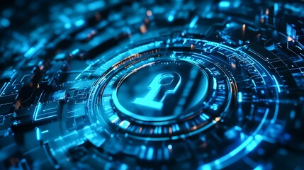 Abstract digital security concept with glowing circuit elements and lock icon