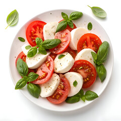 a plate of tomatoes mozzarella and basil on white background