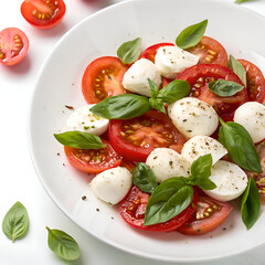 a plate of tomatoes mozzarella and basil on white background