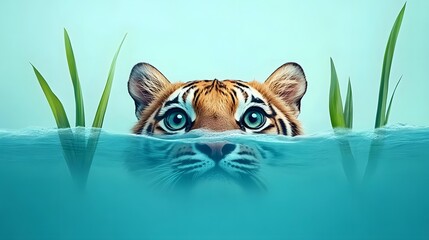 Tiger Head Peeking Out of Water.