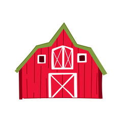 Red farm barn building featuring a green roof, white doors, and windows, presenting an iconic symbol for farming, rural themes, and country living concepts