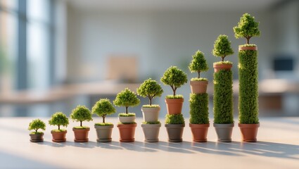 Row of potted trees increasing in height, symbolizing personal growth, learning, career development, and motivation, ideal for business and self-improvement concepts