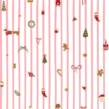 Christmas striped seamless pattern decorated tiny winter holiday elements - Santa, fir tree, pudding, gingerbread, bow, dog, sock. Vector repeat background with pink stripes, textile design, wallpaper