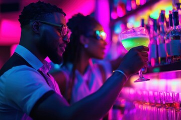 Vibrant nightlife moment in a lively bar with colorful drinks and engaging atmosphere