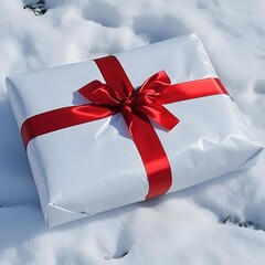 Wrapped Gift with Red Ribbon in Snow.