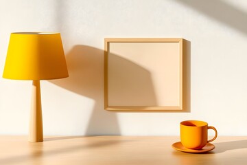 Yellow Lamp and Cup on Wooden Table.