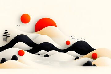 Abstract Landscape with Wavy Lines and Dots.