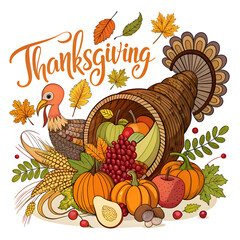 Thanksgiving day invitation with a festive spread of turkey, pumpkin, corn, and autumn leaves, inviting guests to a celebratory harvest feast