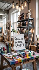 Fototapeta premium Artist studio with easels paint supplies and artwork on shelves art studio brushes
