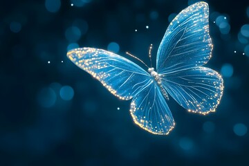 Blue Butterfly in Flight Against Dark Background.