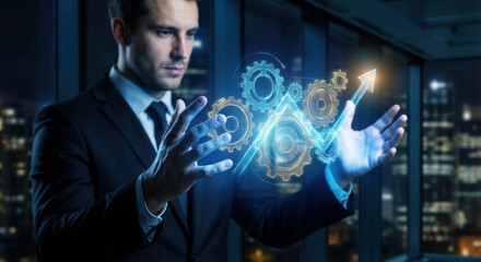 Professional businessman using digital technology for business growth success and innovation. Visualizing strategy through gear hologram and rising arrow interface in a dark office setting.