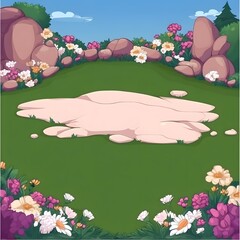 Cartoon Garden Scene with Flowers and Rocks.