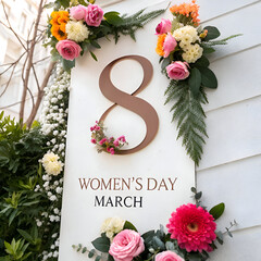 Happy Women's Day Pastel Candy Colors Background. Floral flat lay greeting card with beautifully wrapped present.