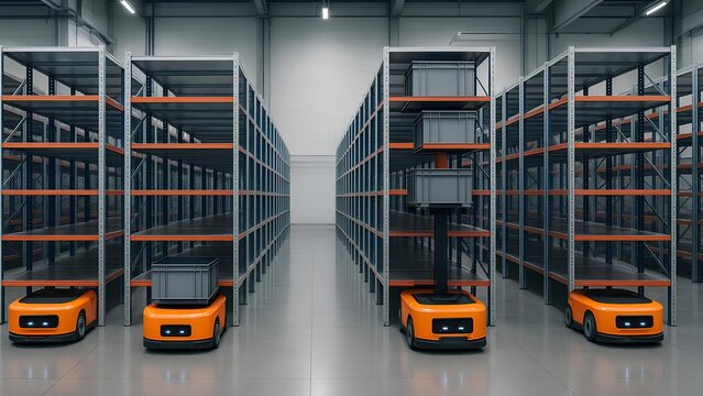 automated warehouse storage system with autonomous robots and industrial shelving - Powered by Adobe
