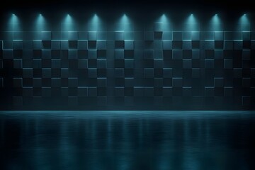 Dark Stage with Blue Spotlights and Reflections.