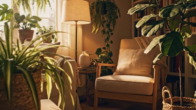 Cozy sunlit reading chair indoor plant lamp woven basket hygge calm corner blended with sunlit living room sofa plant coffee table cozy blanket neutral cushion and cozy living room sunlight sofa