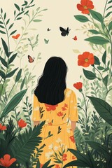 Portrait of a young woman with beautiful hair surrounded by colorful leaves and delicate flowers, showcasing a vibrant and artistic expression of nature and beauty in a captivating illustration