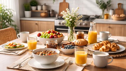 Family breakfast table with healthy food in modern kitchen