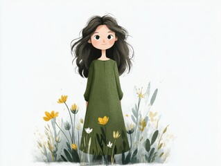 Young woman with curly hair wearing dress stands gracefully among lush foliage, embodying serene connection with nature and showcasing beauty in vibrant environment. illustration of beautiful woman.