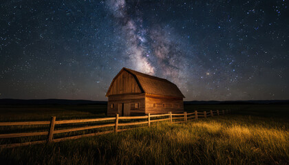 Majestic milky way galaxy with glowing stars at night shining above a rustic wooden barn and farm fence in a rural field landscape. Beautiful starry sky over peaceful countryside scenery.