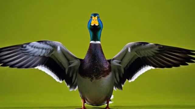 Male Mallard Duck Flapping Wings and Quacking at Camera on Green Screen Background