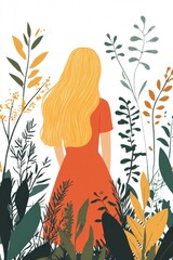 Young woman with curly hair wearing dress stands gracefully among lush foliage, embodying serene connection with nature and showcasing beauty in vibrant environment. illustration of beautiful woman.