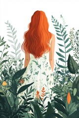 Young woman with curly hair wearing dress stands gracefully among lush foliage, embodying serene connection with nature and showcasing beauty in vibrant environment. illustration of beautiful woman.