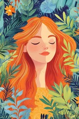 Young woman with vibrant red hair, wearing top, surrounded by lush green foliage and delicate flowers, embodying tranquility and connection with nature in a serene illustration