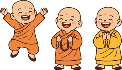 Cute little Buddhist monk cartoon vector illustration set. A collection of three happy novice monks in orange and yellow robes: one jumping with joy, one holding prayer beads, and one with hands joine