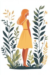Young woman with curly hair wearing dress stands gracefully among lush foliage, embodying serene connection with nature and showcasing beauty in vibrant environment. illustration of beautiful woman.