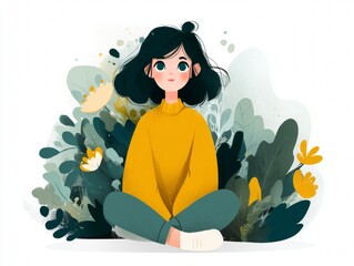 Young woman in comfortable clothes sitting cross-legged among lush green foliage, practicing mindfulness and meditation in a serene natural environment, embodying peace and tranquility