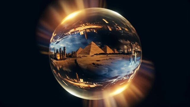 Ancient Egyptian Pyramids and historical structures are seen through a glowing, distorted spherical orb, symbolizing history, mystery, and a unique perspective on a timeless civilization.