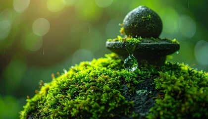 Macro Close-up of a Crystal Raindrop on Moss-Covered Japanese Stone Lantern