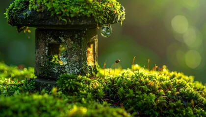 Macro Close-up of a Crystal Raindrop on Moss-Covered Japanese Stone Lantern