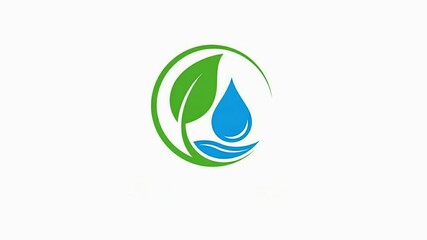 Circular eco logo with green leaf, blue water drop and wave elements, flat design style for environmental sustainability brands. 