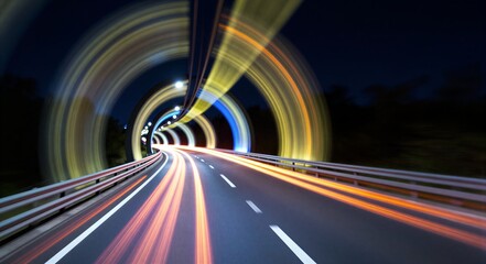 Rainbow lights streak through tunnel, motion blur captures vibrant night drive energy.