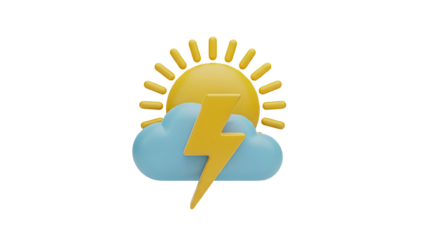 3D Weather Icon: Sun Behind Cloud with Lightning Bolt