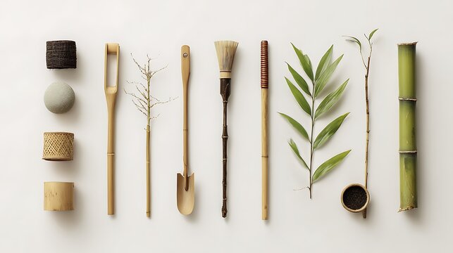 Gardening tools and zen garden arrangement isolated on white background