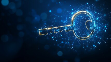 Abstract glowing key symbolizing security and access on dark background