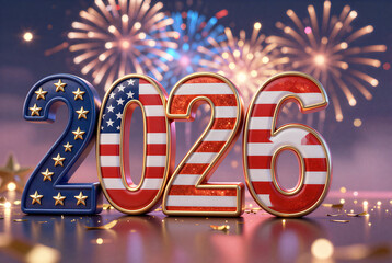 Fireworks burst behind glowing "2026" numbers adorned with American flag patterns and gold confetti.