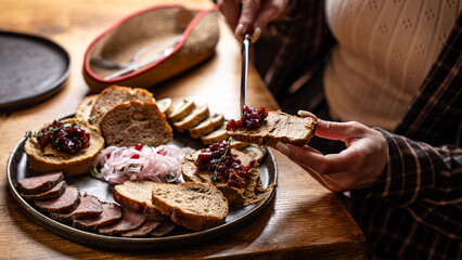 Rustic liver pate appetizer with bread slices