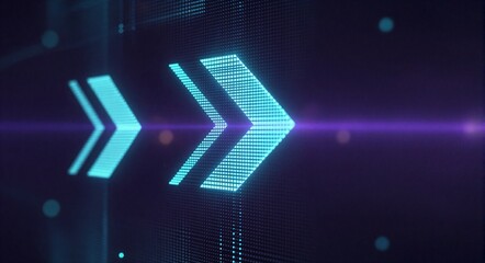 Digital arrows glow blue on dark grid, futuristic tech vibe with lens flare and pixelated texture.